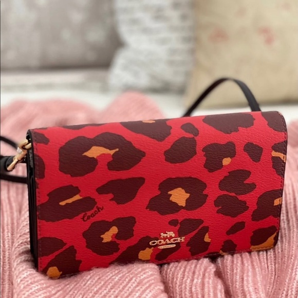🆕 COACH | Poppy Leopard Anna Foldover Crossbody Clutch Shoulder Bag & Wristlet - Picture 10 of 15